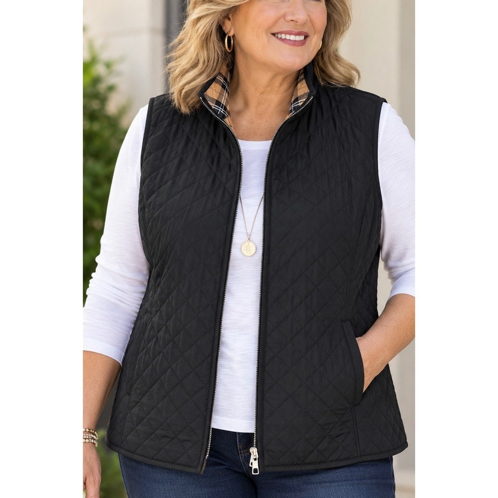 Chico's Black Reversible Quilted Plaid Vest XL Full Zip Mock Neck Pockets